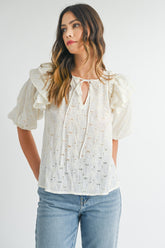 MABLE Women's Eyelet Lace Ruffle Shoulder Puff Sleeve Blouse